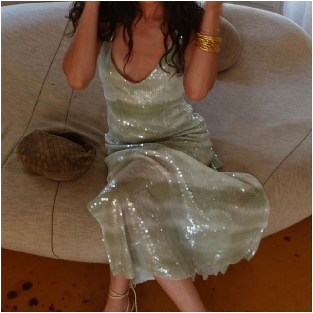 New Caroline Constas Mint Ombre Sequin V-Neck Sleeveless Midi Dress NWT